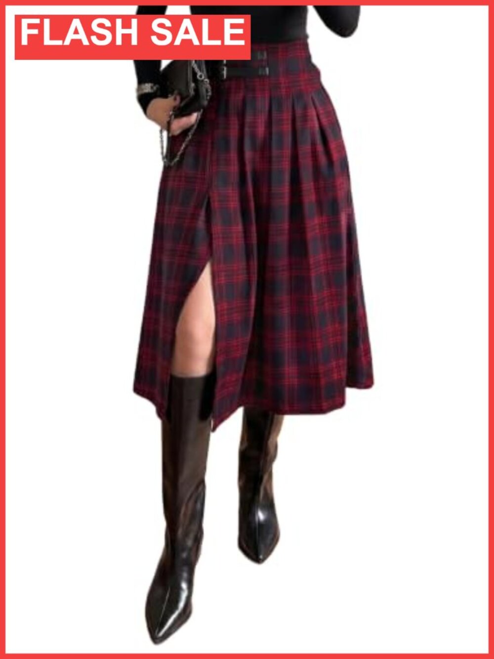 High Waist Side Slit Plaid Midi Skirt - Women's A-Line Pleated Skirt